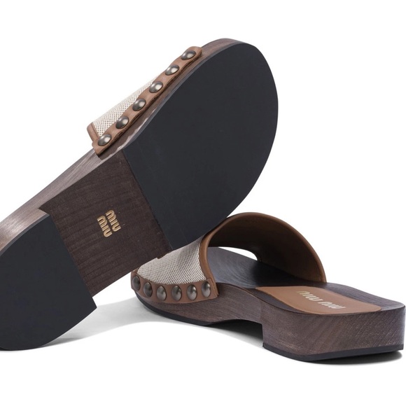 Miu Miu Logo Canvas & Leather Trim Clogs 30 MM Slides Sandals Italy 36 US 6 New - Picture 3 of 7